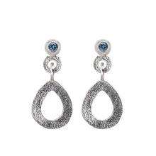 Load image into Gallery viewer, These hand-textured silver dangle post earrings features 3mm denim blue Montana sapphires.